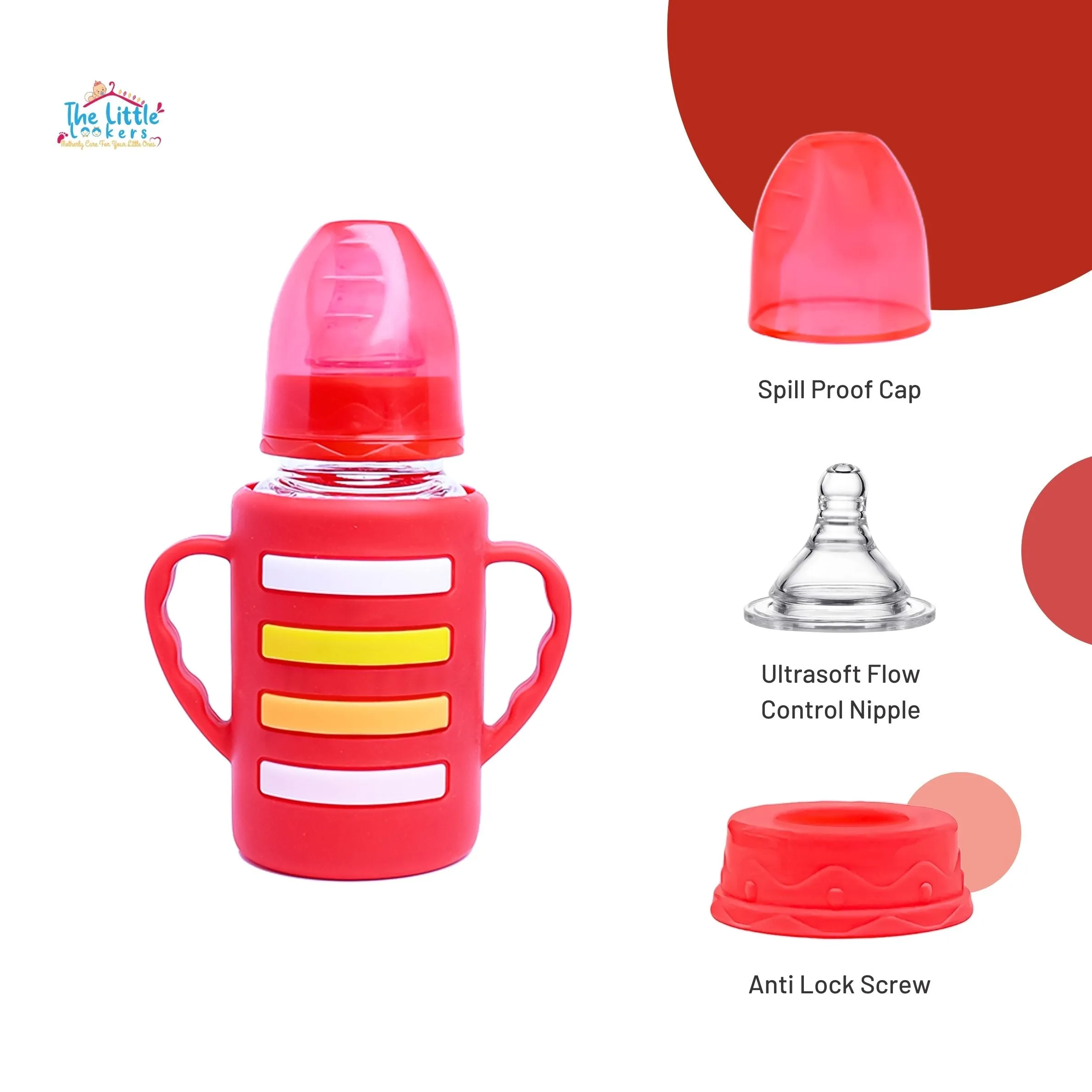 The Little Lookers High Borosilicate Glass Feeding Bottle with Handle Silicon Cover for Baby/Feeder for Newborn | Super Soft Flow Control & Anti Colic Nipple for Infants/Toddlers