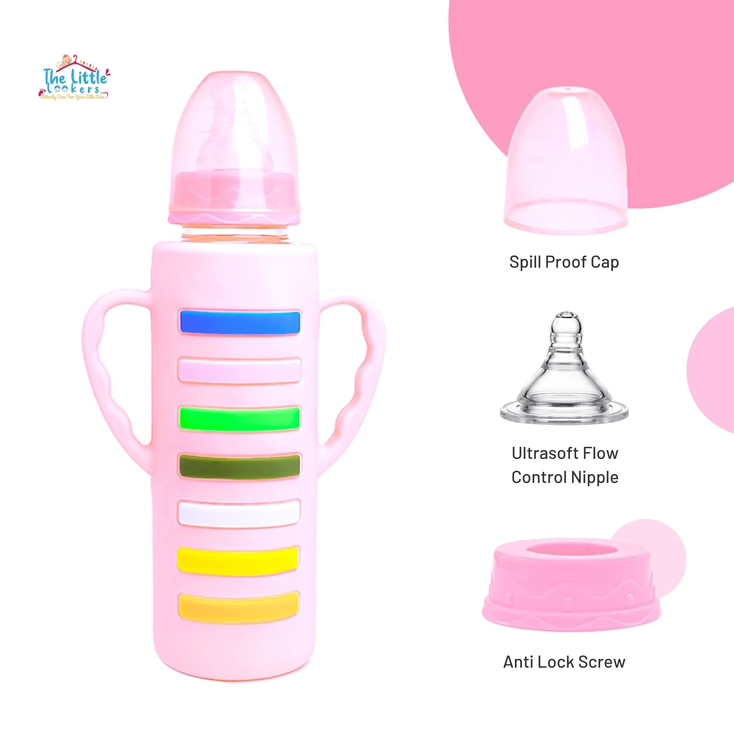 The Little Lookers High Borosilicate Glass Feeding Bottle with Handle Silicon Cover for Baby/Feeder for Newborn | Super Soft Flow Control & Anti Colic Nipple for Infants/Toddlers