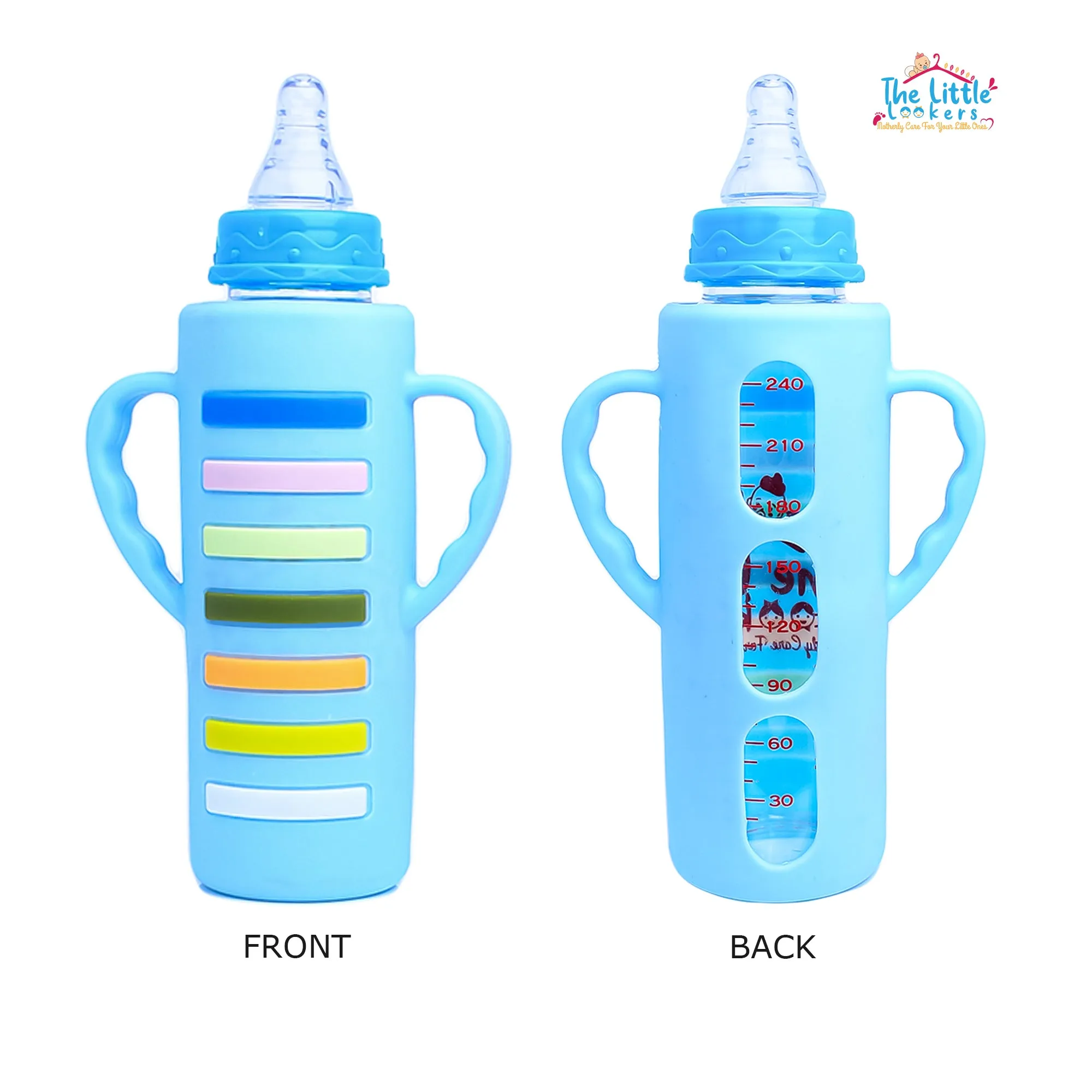 The Little Lookers High Borosilicate Glass Feeding Bottle with Handle Silicon Cover for Baby/Feeder for Newborn | Super Soft Flow Control & Anti Colic Nipple for Infants/Toddlers