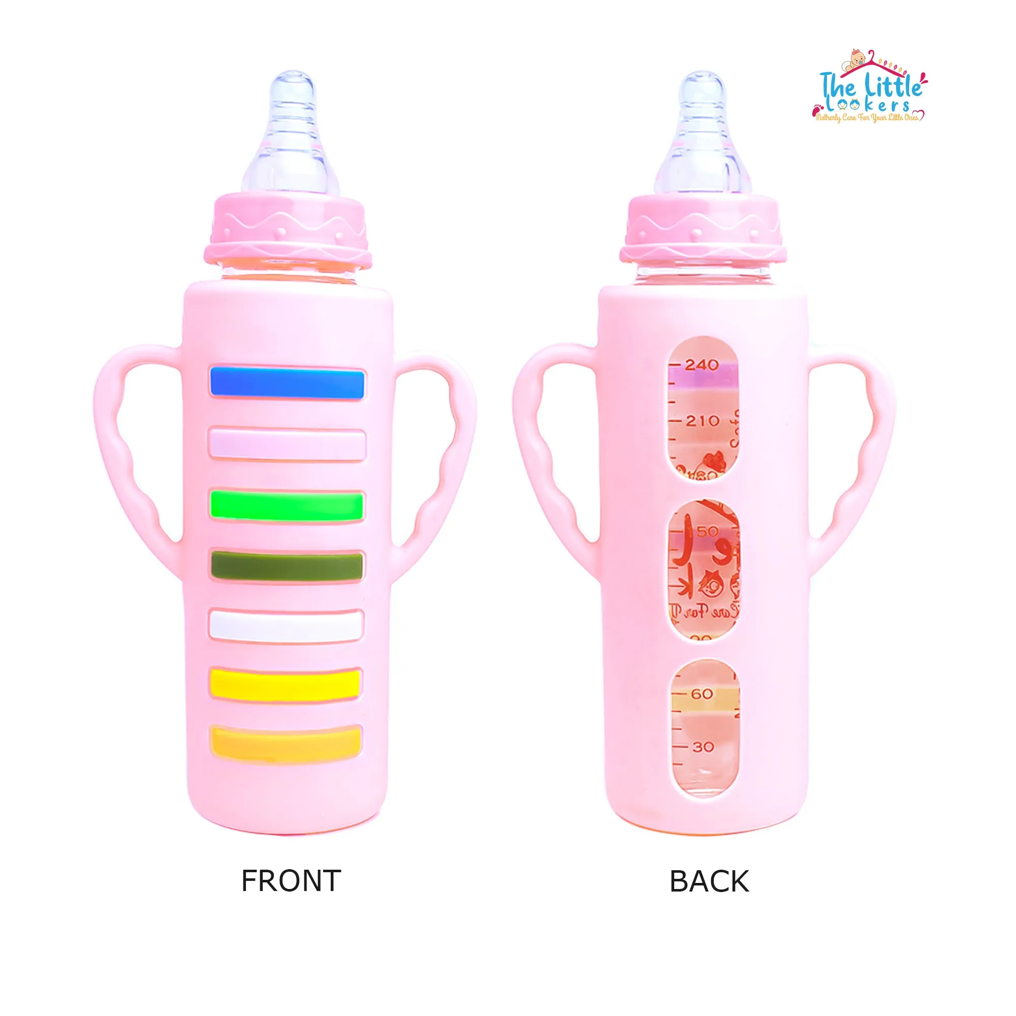 The Little Lookers High Borosilicate Glass Feeding Bottle with Handle Silicon Cover for Baby/Feeder for Newborn | Super Soft Flow Control & Anti Colic Nipple for Infants/Toddlers