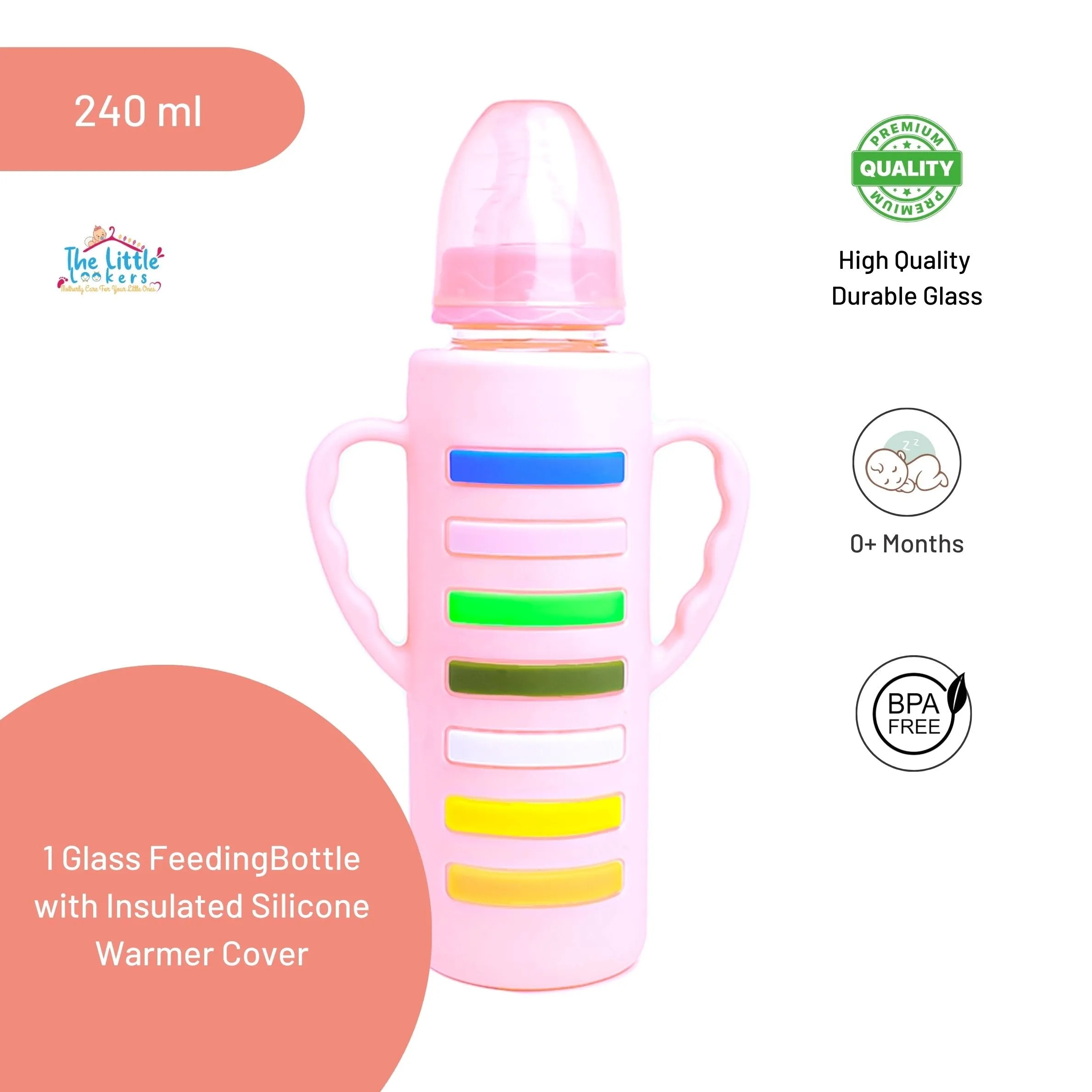 The Little Lookers High Borosilicate Glass Feeding Bottle with Handle Silicon Cover for Baby/Feeder for Newborn | Super Soft Flow Control & Anti Colic Nipple for Infants/Toddlers