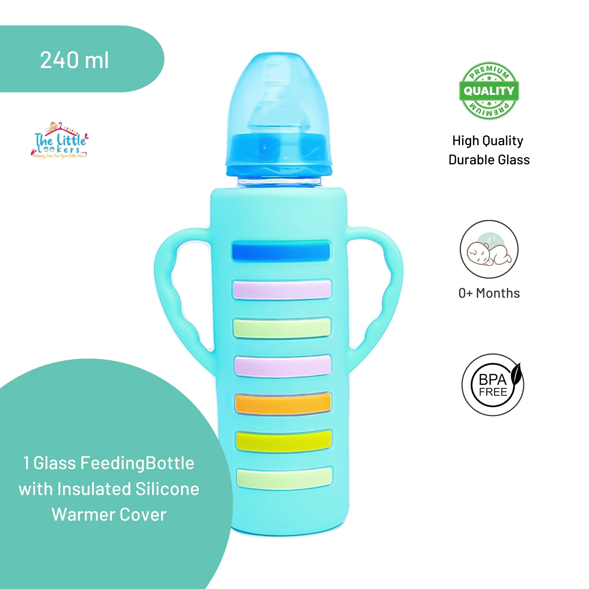 The Little Lookers High Borosilicate Glass Feeding Bottle with Handle Silicon Cover for Baby/Feeder for Newborn | Super Soft Flow Control & Anti Colic Nipple for Infants/Toddlers