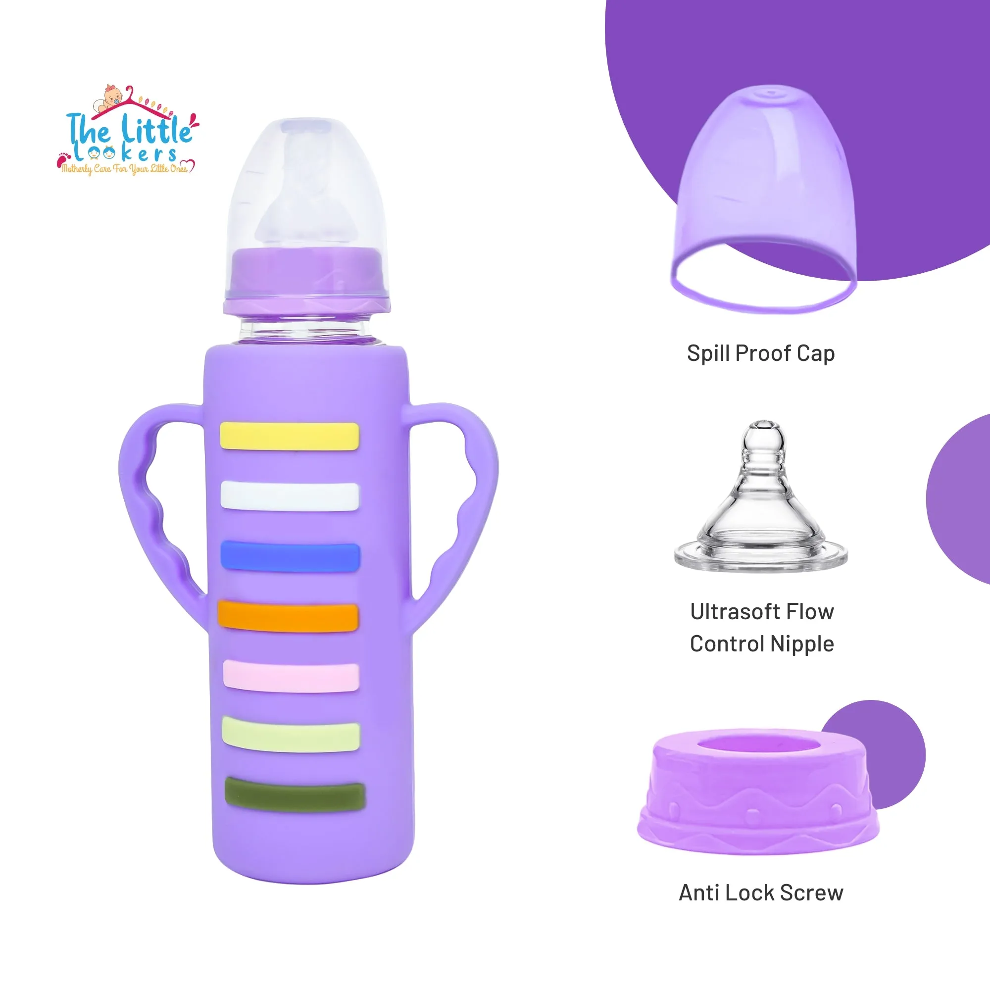 The Little Lookers High Borosilicate Glass Feeding Bottle with Handle Silicon Cover for Baby/Feeder for Newborn | Super Soft Flow Control & Anti Colic Nipple for Infants/Toddlers