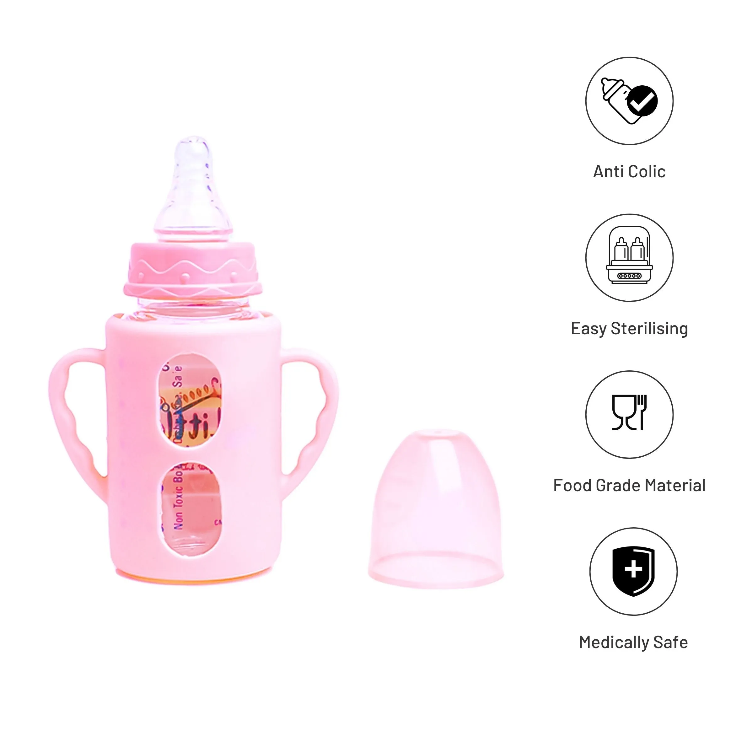 The Little Lookers High Borosilicate Glass Feeding Bottle with Handle Silicon Cover for Baby/Feeder for Newborn | Super Soft Flow Control & Anti Colic Nipple for Infants/Toddlers(Pack of 3)