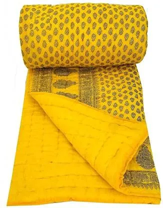 THROW KING Rajasthani Jaipuri Razai,rajai Single Bed Organic Cotton Floral Printed Jaipuri Razai/Rajai/Quilt/Blanket/Dohar (Yellow, Single)