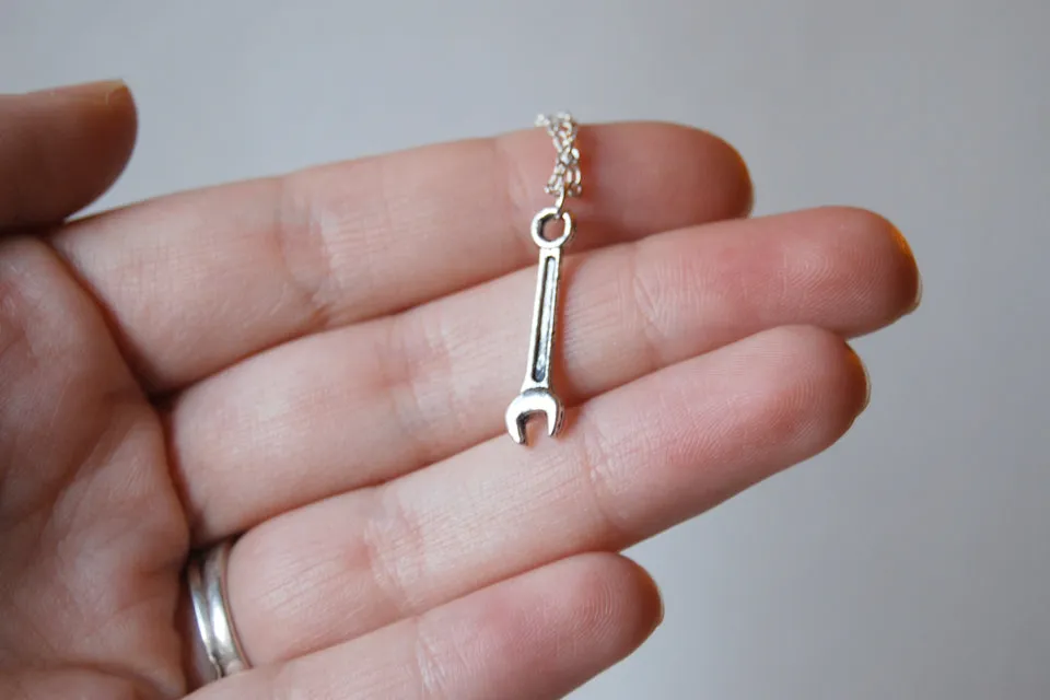 Tiny Silver Wrench Necklace | Silver Wrench Charm Necklace | Tool Jewelry