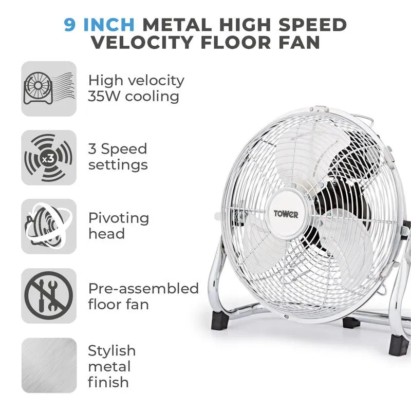 Tower Velocity Floor Fan 9"  - Chrome