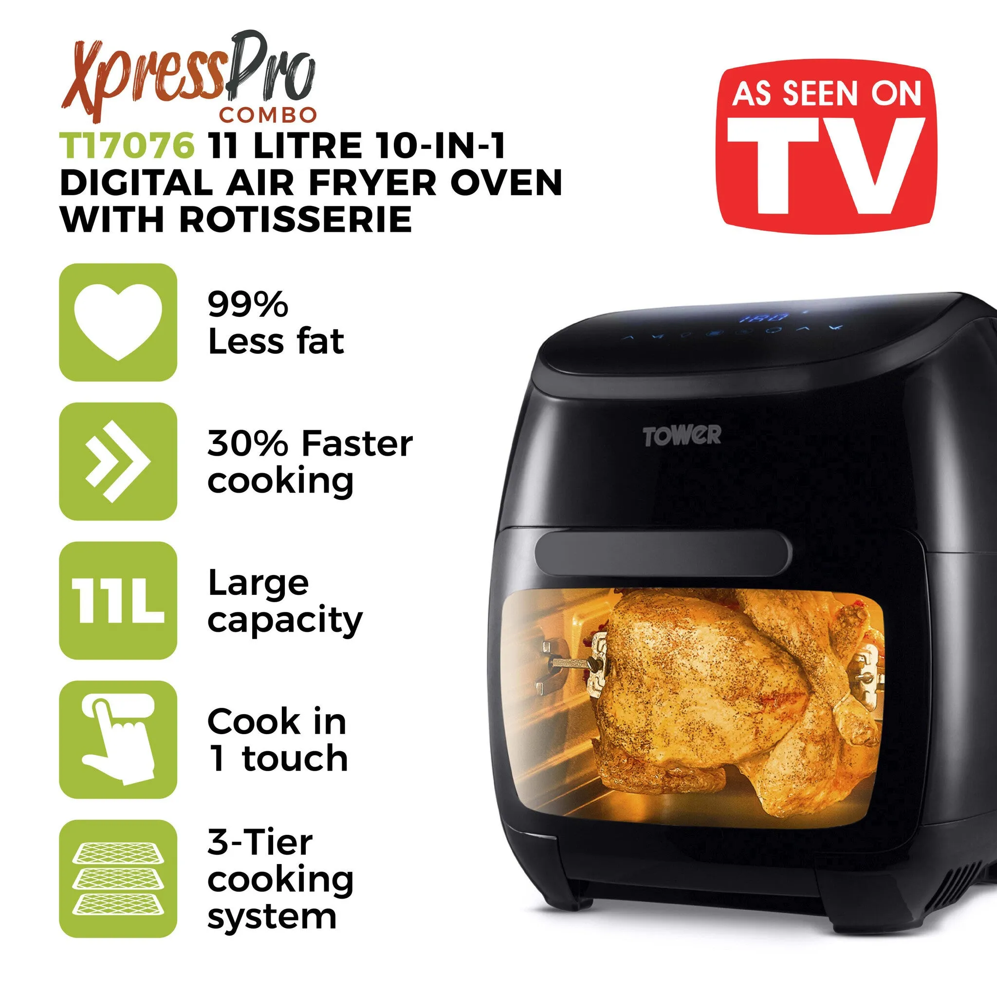 Tower Xpress Pro Combo 2000W 11 Litre 10-in-1 Digital Air Fryer Oven with Rotisserie