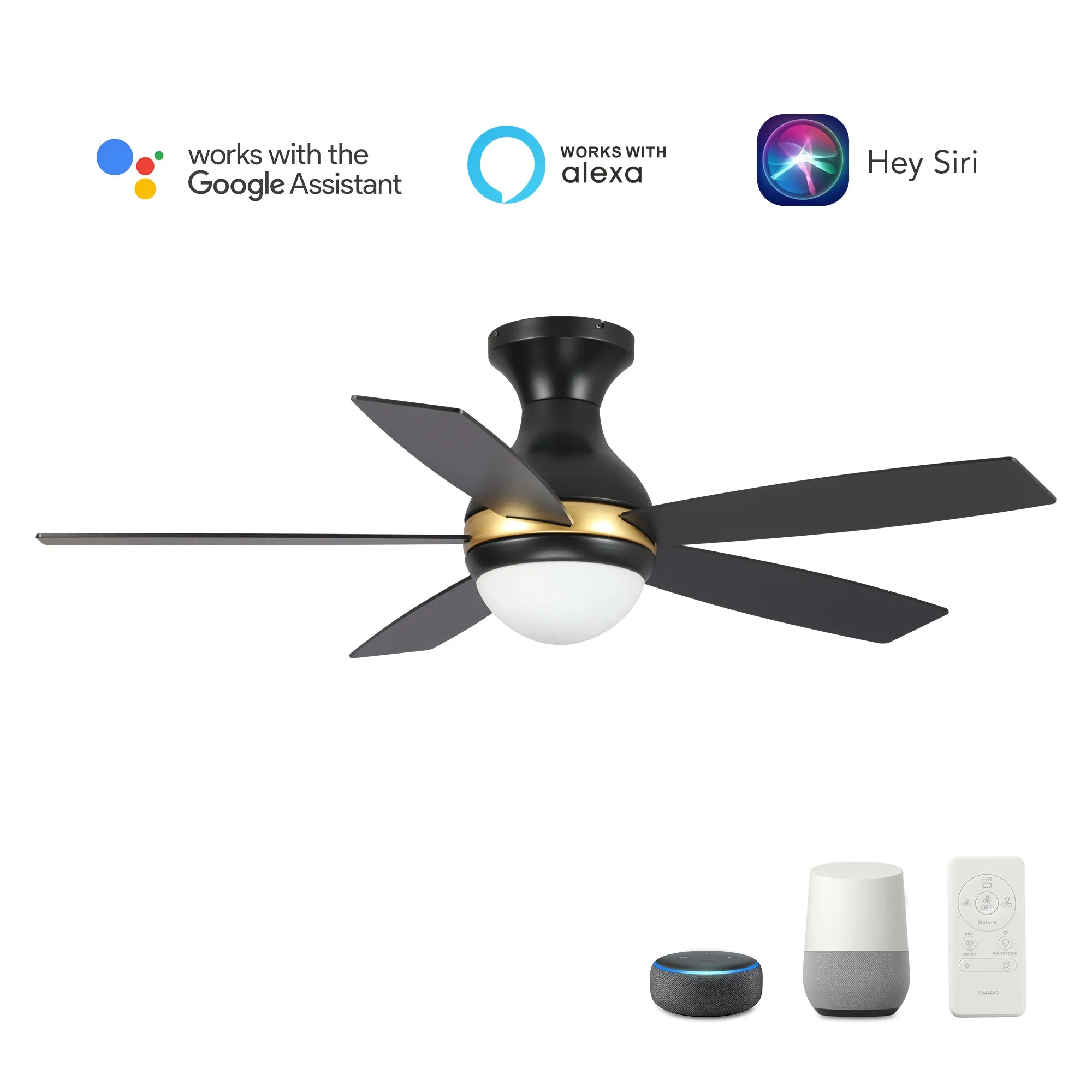 TWISTER 52 inch 5-Blade Flush Mount Smart Ceiling Fan with LED Light Kit & Remote- Black/Black (Gold Detail)