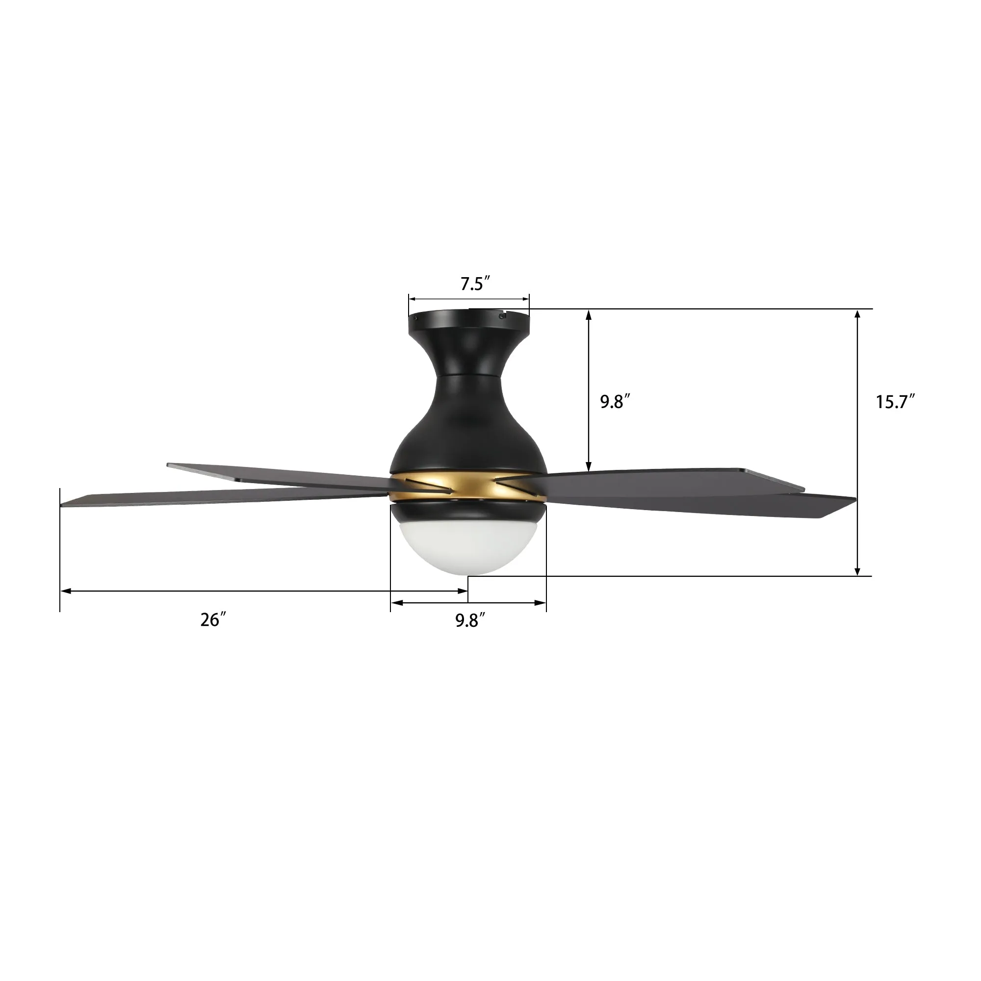 TWISTER 52 inch 5-Blade Flush Mount Smart Ceiling Fan with LED Light Kit & Remote- Black/Black (Gold Detail)