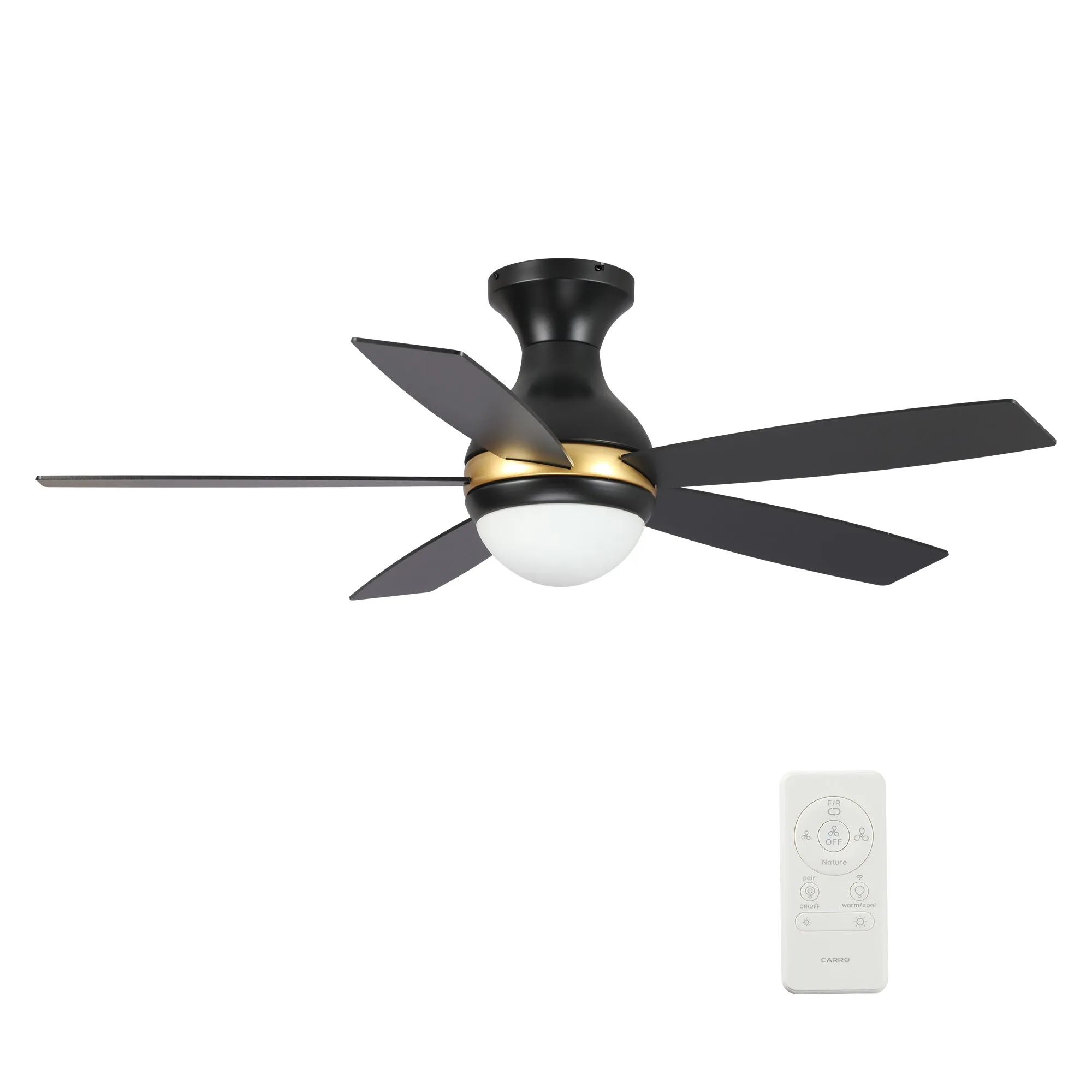 TWISTER 52 inch 5-Blade Flush Mount Smart Ceiling Fan with LED Light Kit & Remote- Black/Black (Gold Detail)