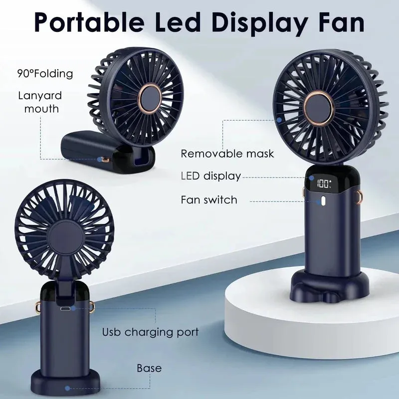 USB Rechargeable Mini Portable Handheld Electric Fan Foldable Neck Hanging Outdoor Fan Adjustable 5 Speed Powerful Air Cooler