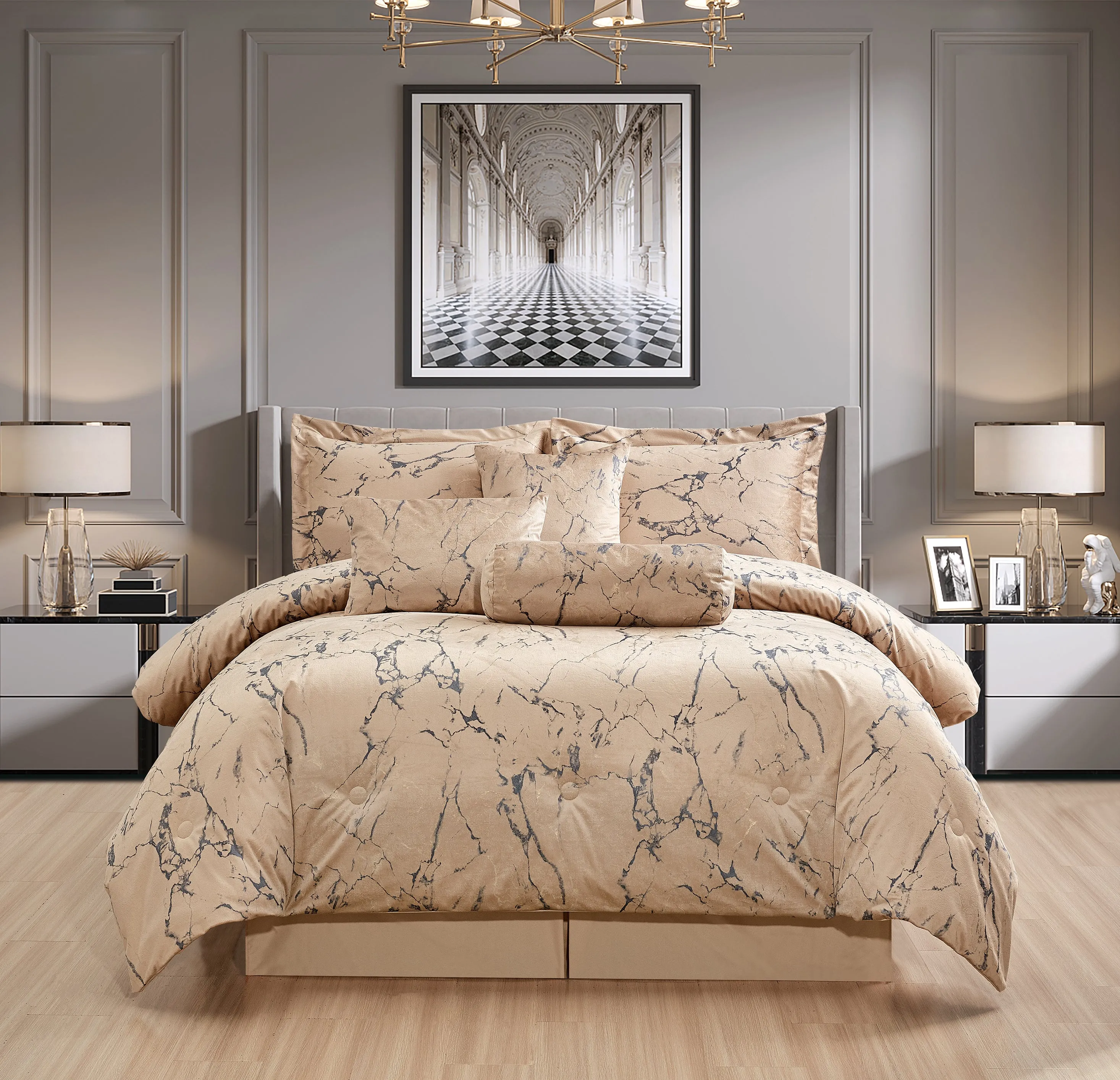 Velvet Comforter Set Quilted Bedspread Set Marble Effect Bedskirt Pillow shams (Beige)