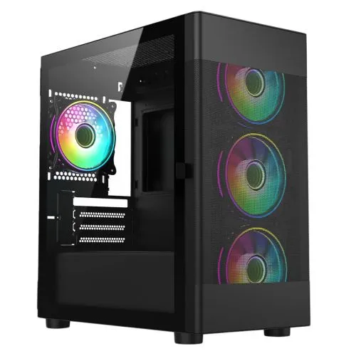 Vida Zephyr Black ARGB Gaming PC Case w/ Glass Window, Micro ATX, 4x ARGB Fans, Mesh Front