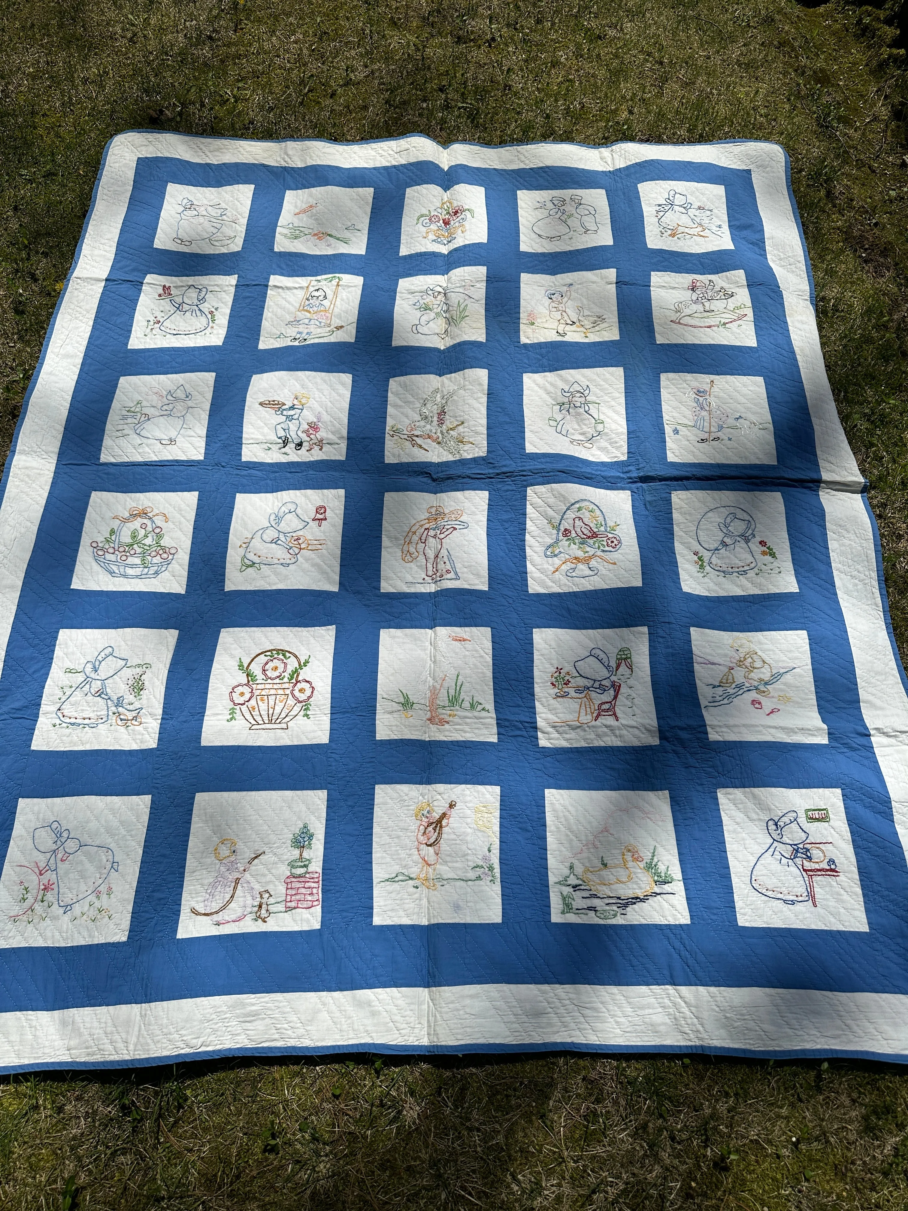 Vintage Embroidered Blue and White Quilt