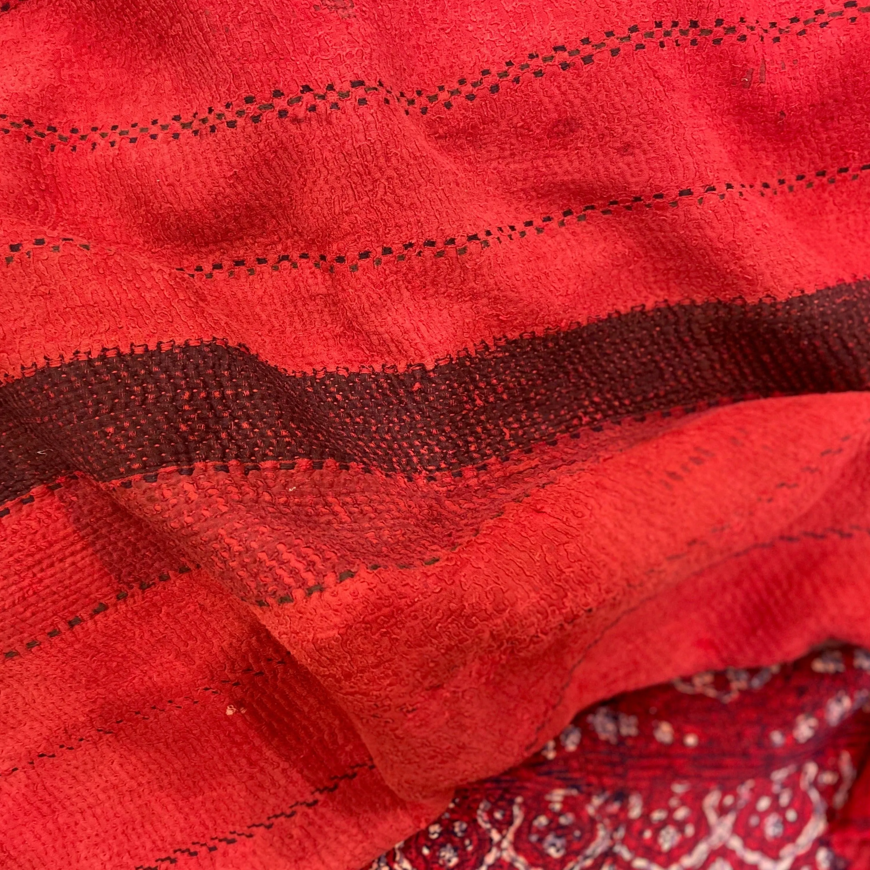 Vintage Kantha Quilt Red and White with Red Striped Background