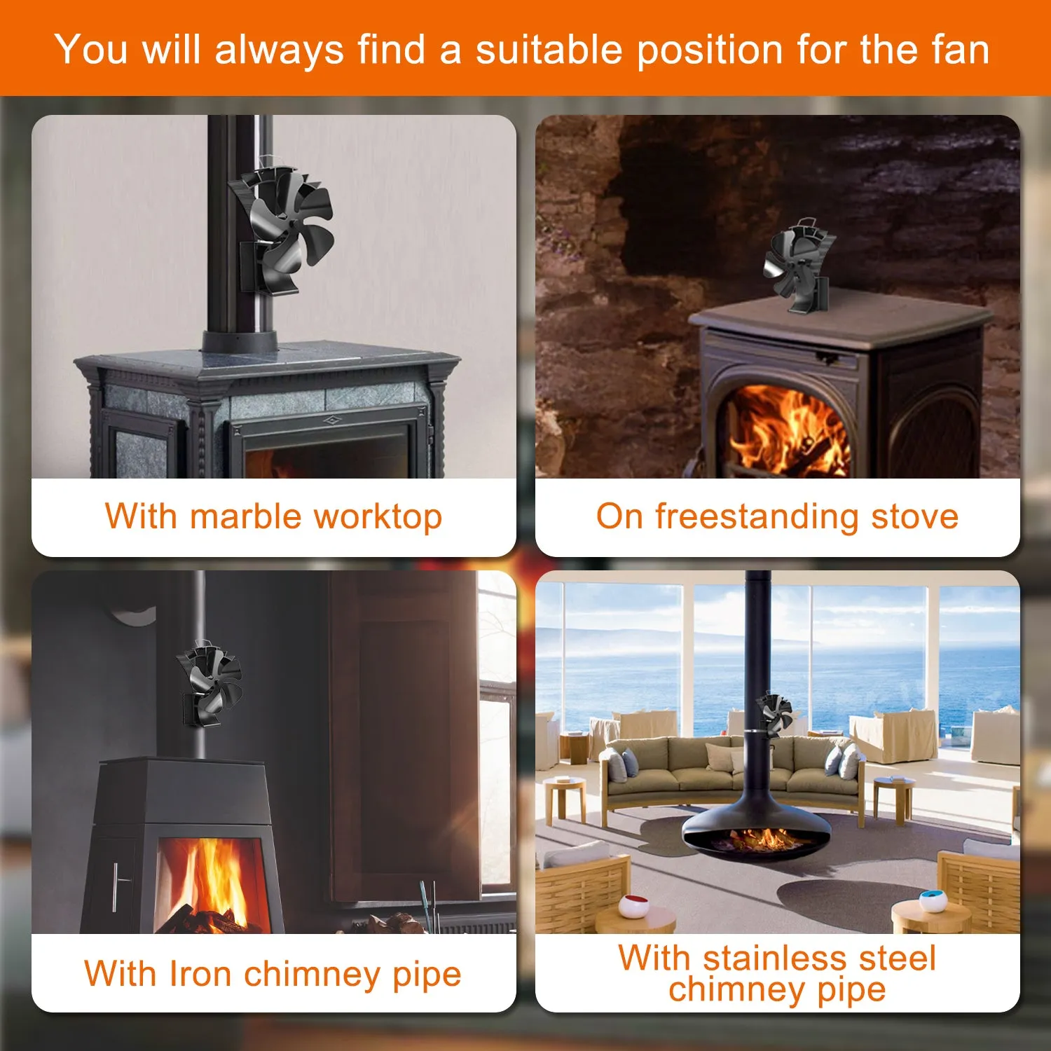 VODA Magnetic 5-Blade wood stove Chimney Fan3-in-1 Stove Fan with Adjustable Strap