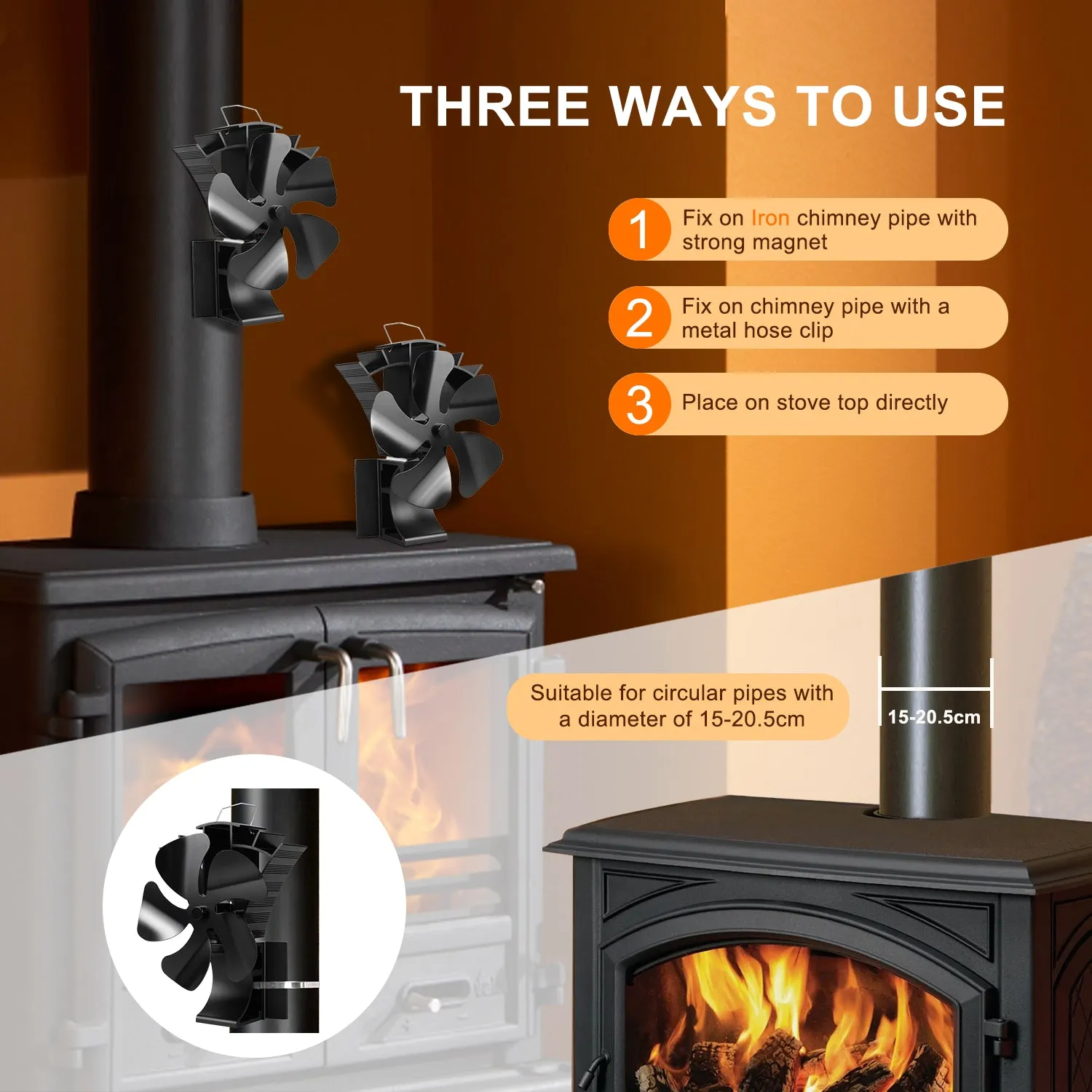 VODA Magnetic 5-Blade wood stove Chimney Fan3-in-1 Stove Fan with Adjustable Strap