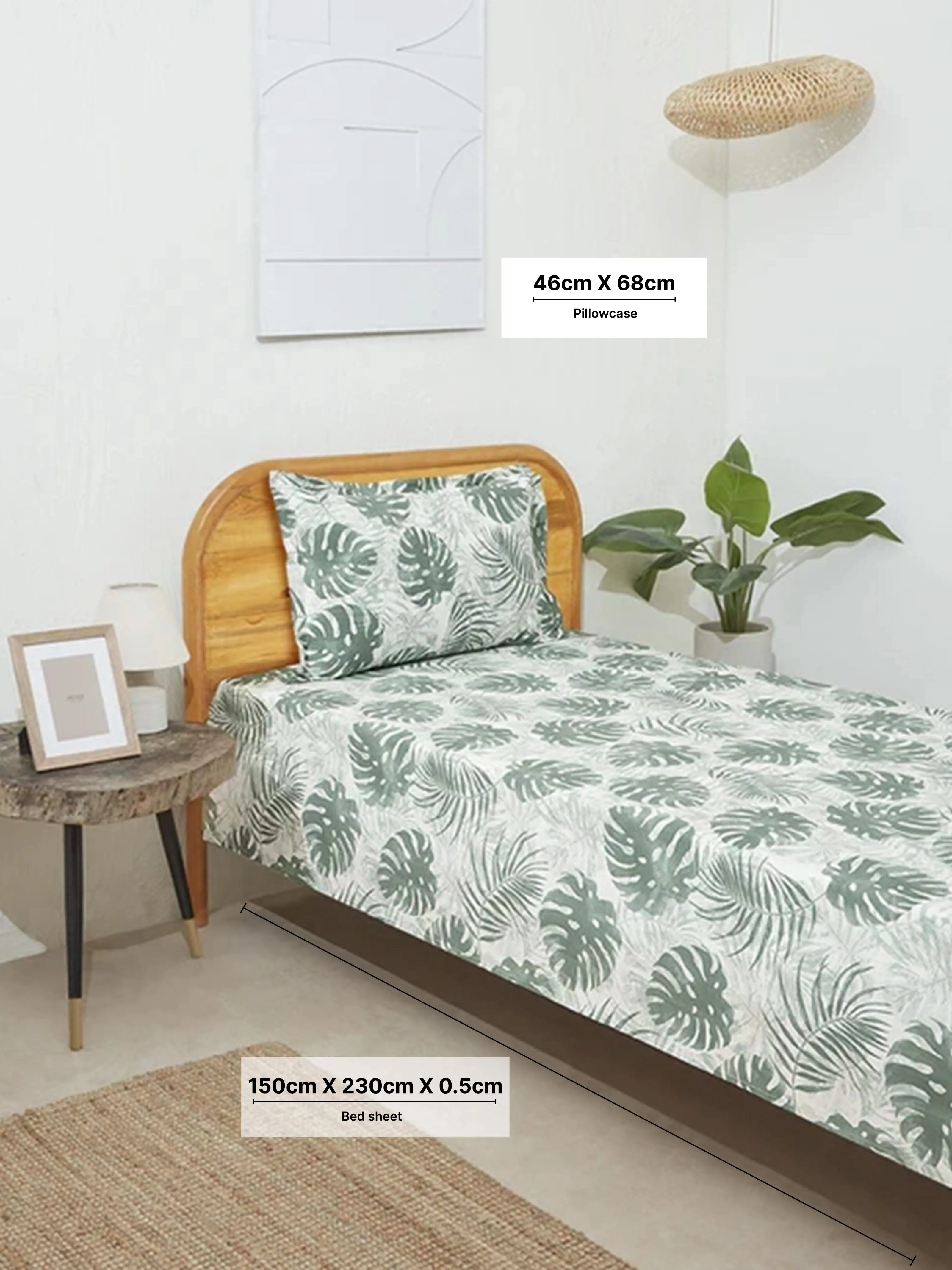 Westside Home Sage Leaf Print Single Bed Flat Sheet and Pillowcase Set