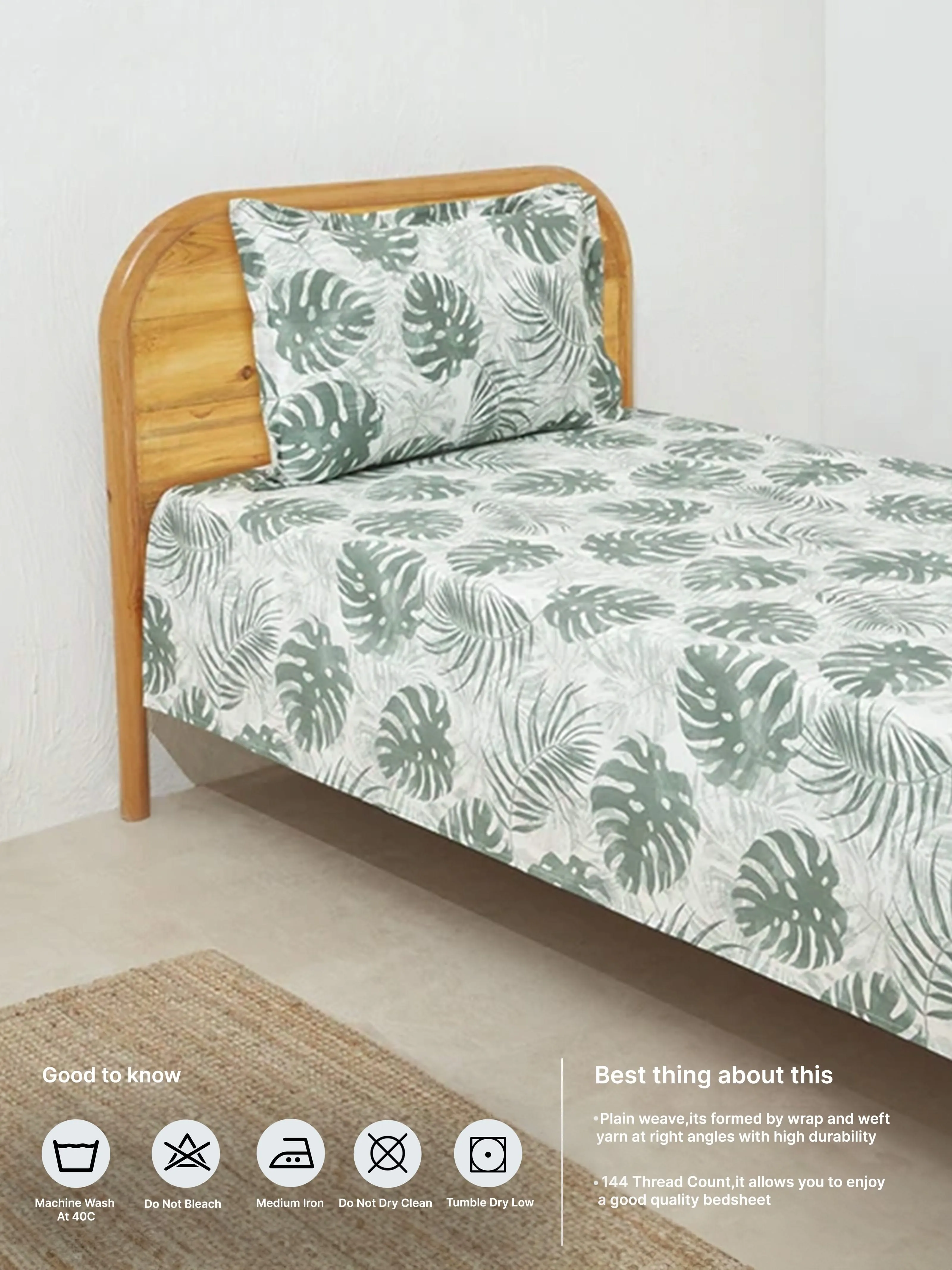 Westside Home Sage Leaf Print Single Bed Flat Sheet and Pillowcase Set