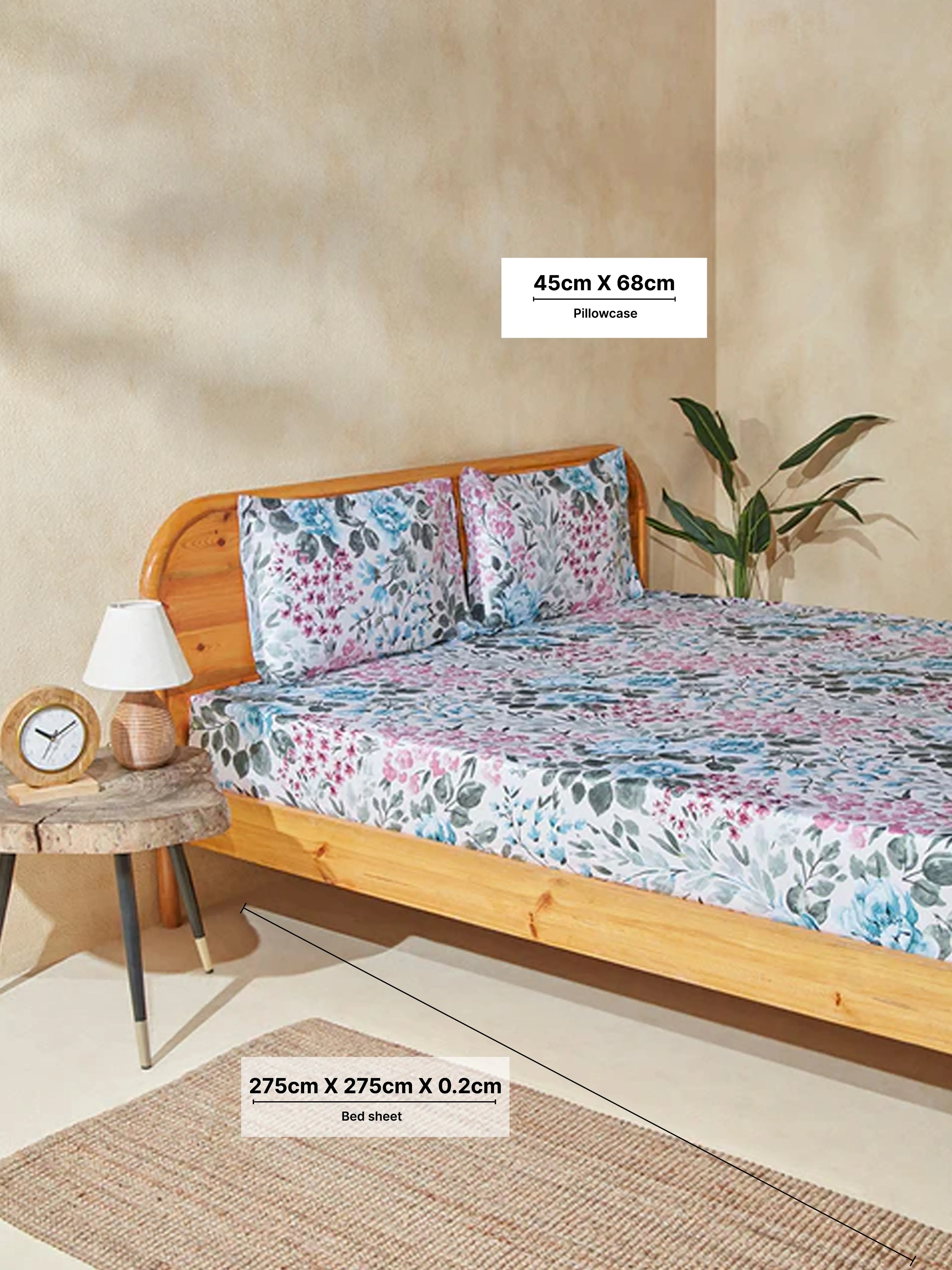 Westside Home Teal Bloom King Bed Flat Sheet and Pillowcase Set