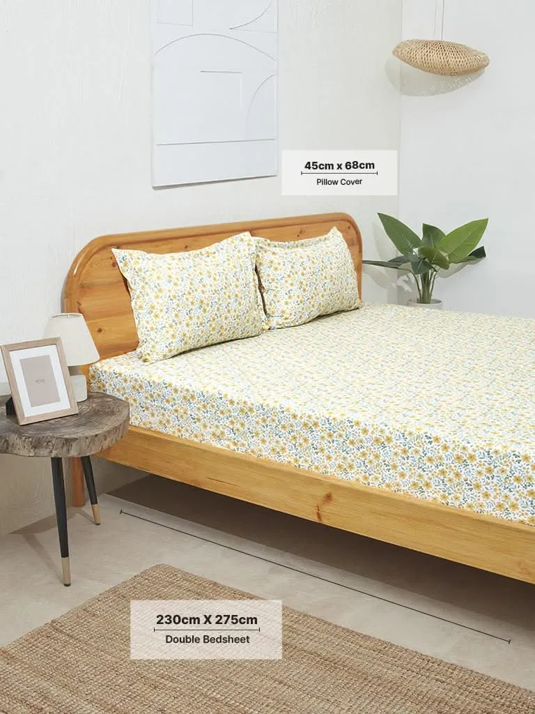 Westside Home Yellow Ditsy Floral Design Double Bed Flat Sheet and Pillowcase Set