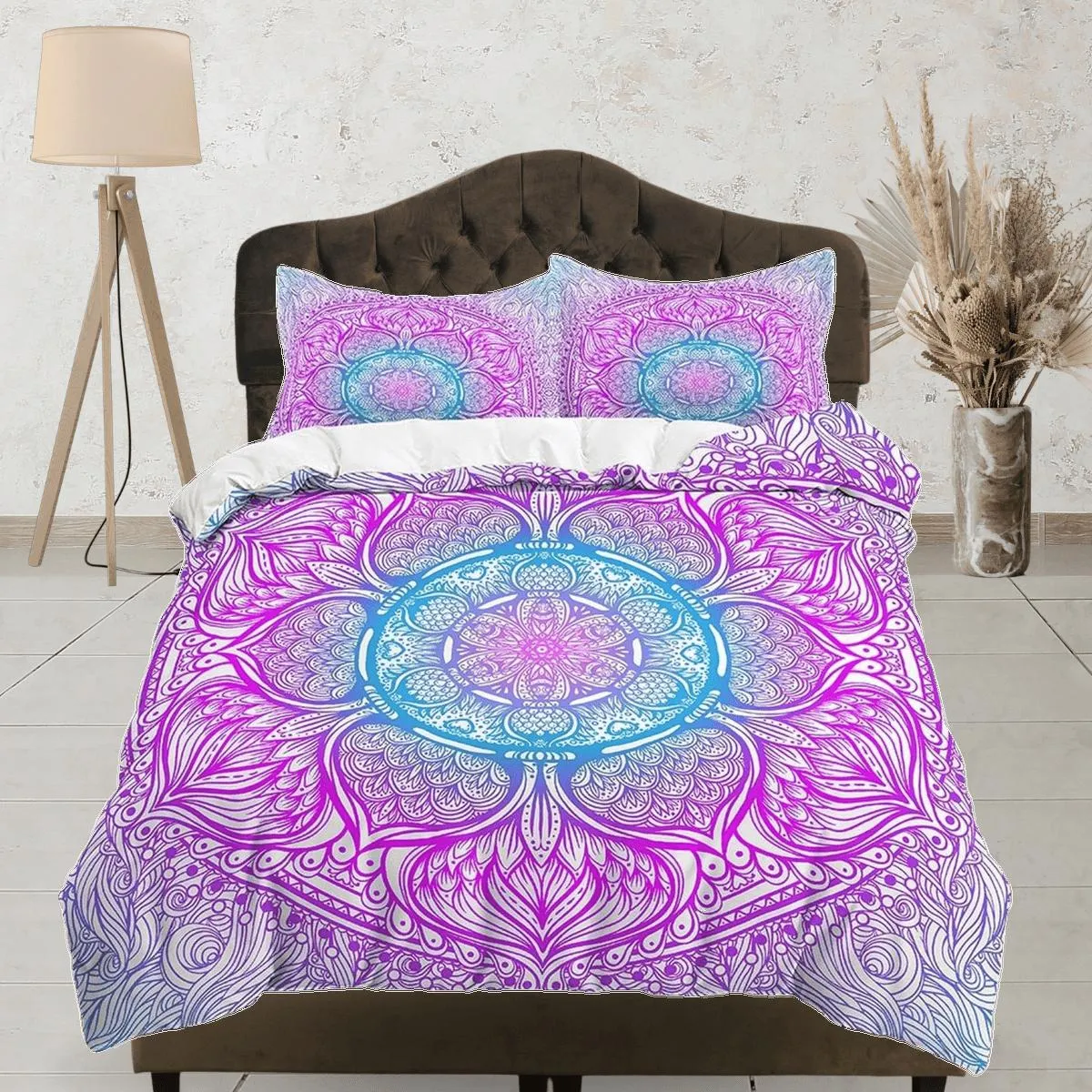 Whimsical colorful gradient mandala duvet cover boho bedding set full, queen, king, dorm bedding, aesthetic room indian bedspread maximalist