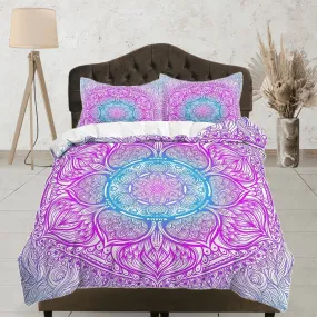 Whimsical colorful gradient mandala duvet cover boho bedding set full, queen, king, dorm bedding, aesthetic room indian bedspread maximalist