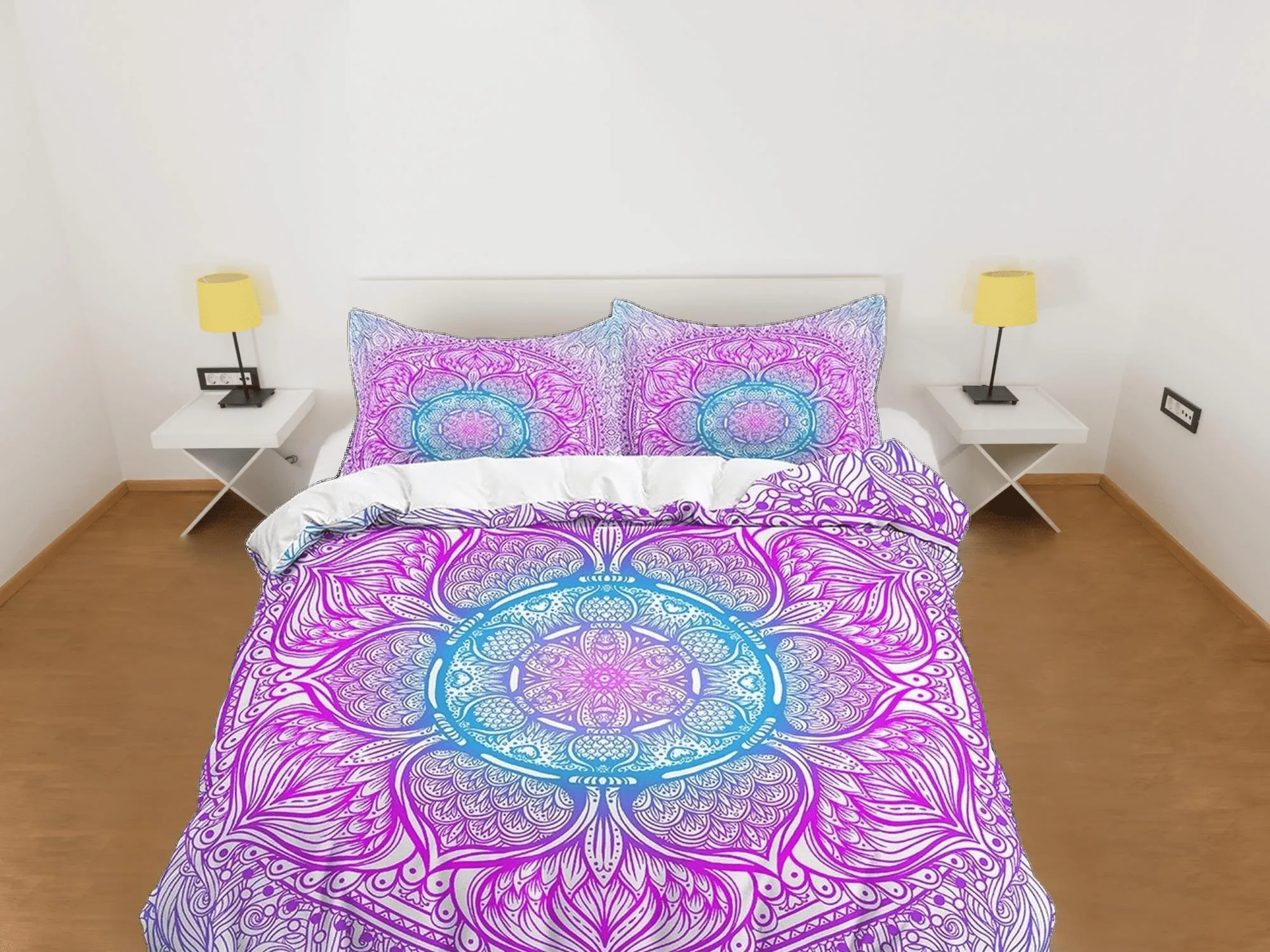 Whimsical colorful gradient mandala duvet cover boho bedding set full, queen, king, dorm bedding, aesthetic room indian bedspread maximalist