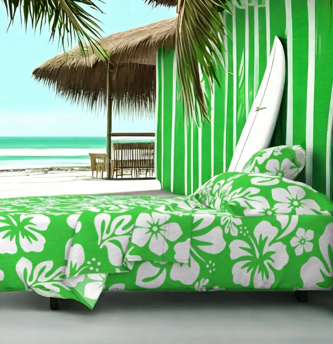 White Hawaiian Flowers on Bright Lime Green Sheet Set from Surfer Bedding™️ Medium Scale