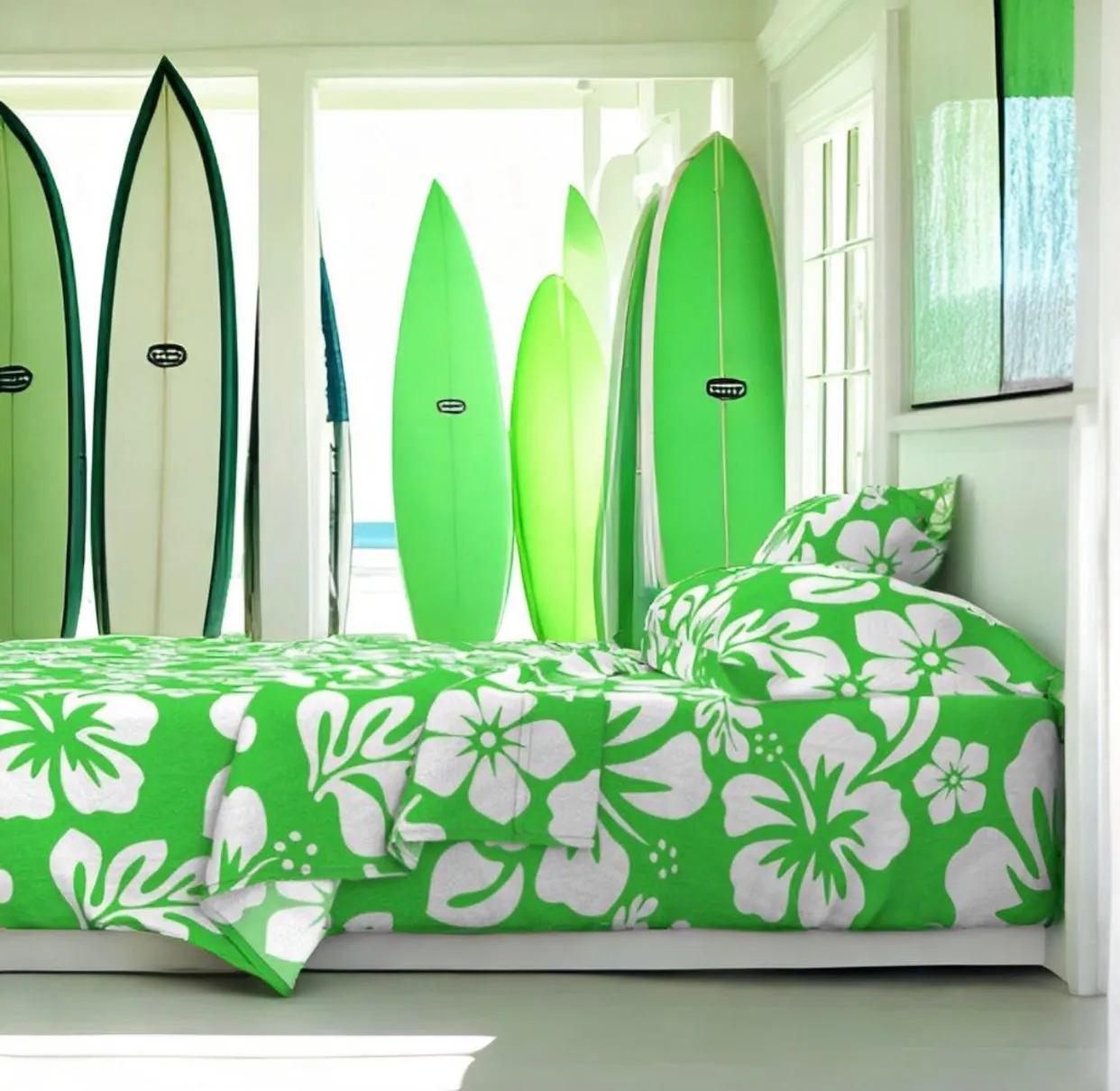 White Hawaiian Flowers on Bright Lime Green Sheet Set from Surfer Bedding™️ Medium Scale