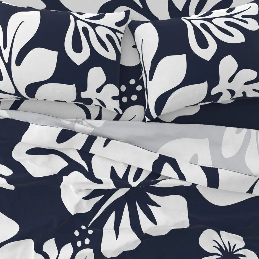 White Hawaiian Flowers on Navy Blue Sheet Set from Surfer Bedding™️ Large Scale