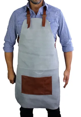 Wok Thick Suede Apron with Leather Straps - Light Gray and Brown