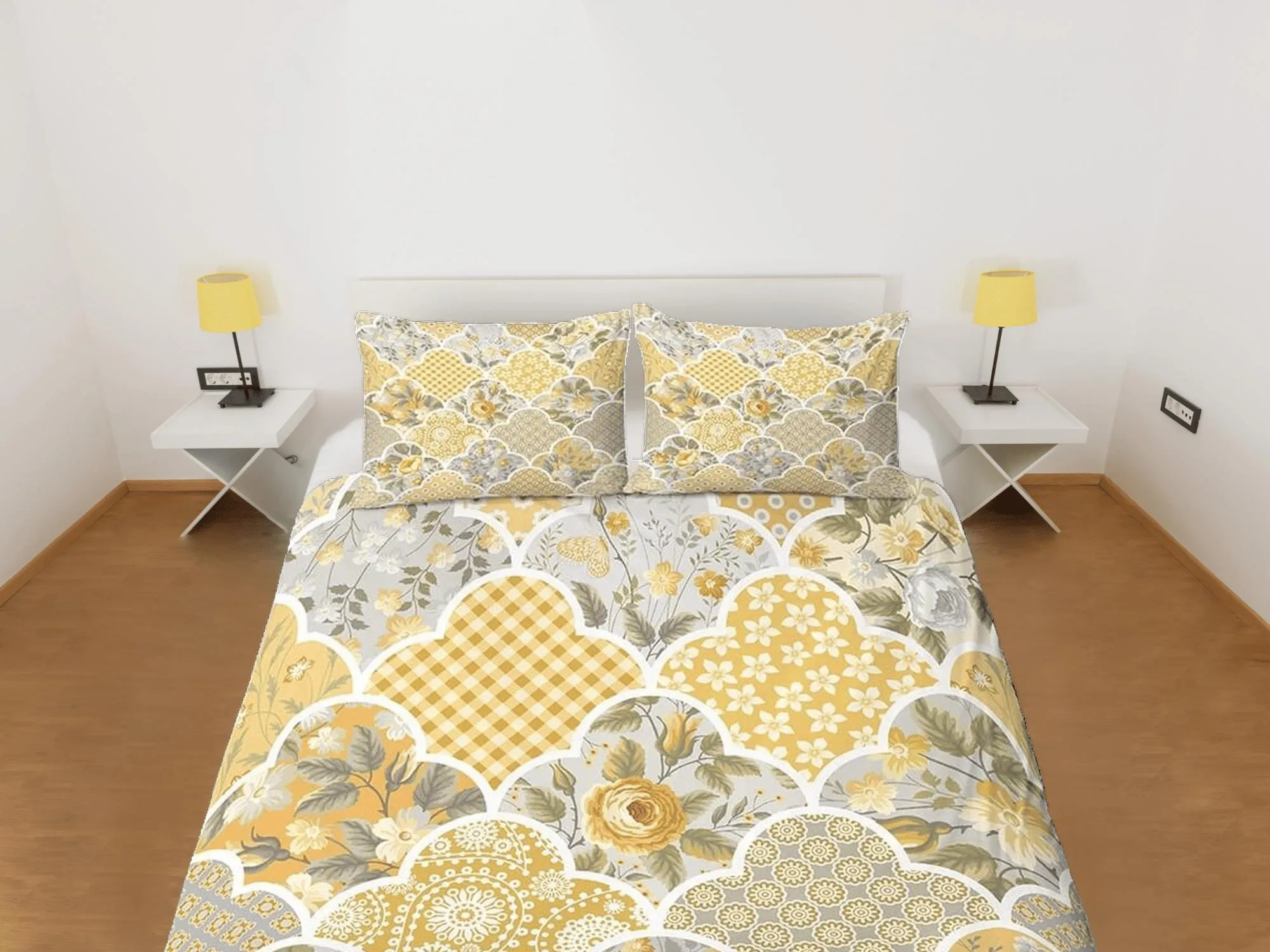 Yellow floral shabby chic patchwork quilt printed duvet cover set, aesthetic room decor bedding set full, king, queen size, boho bedspread