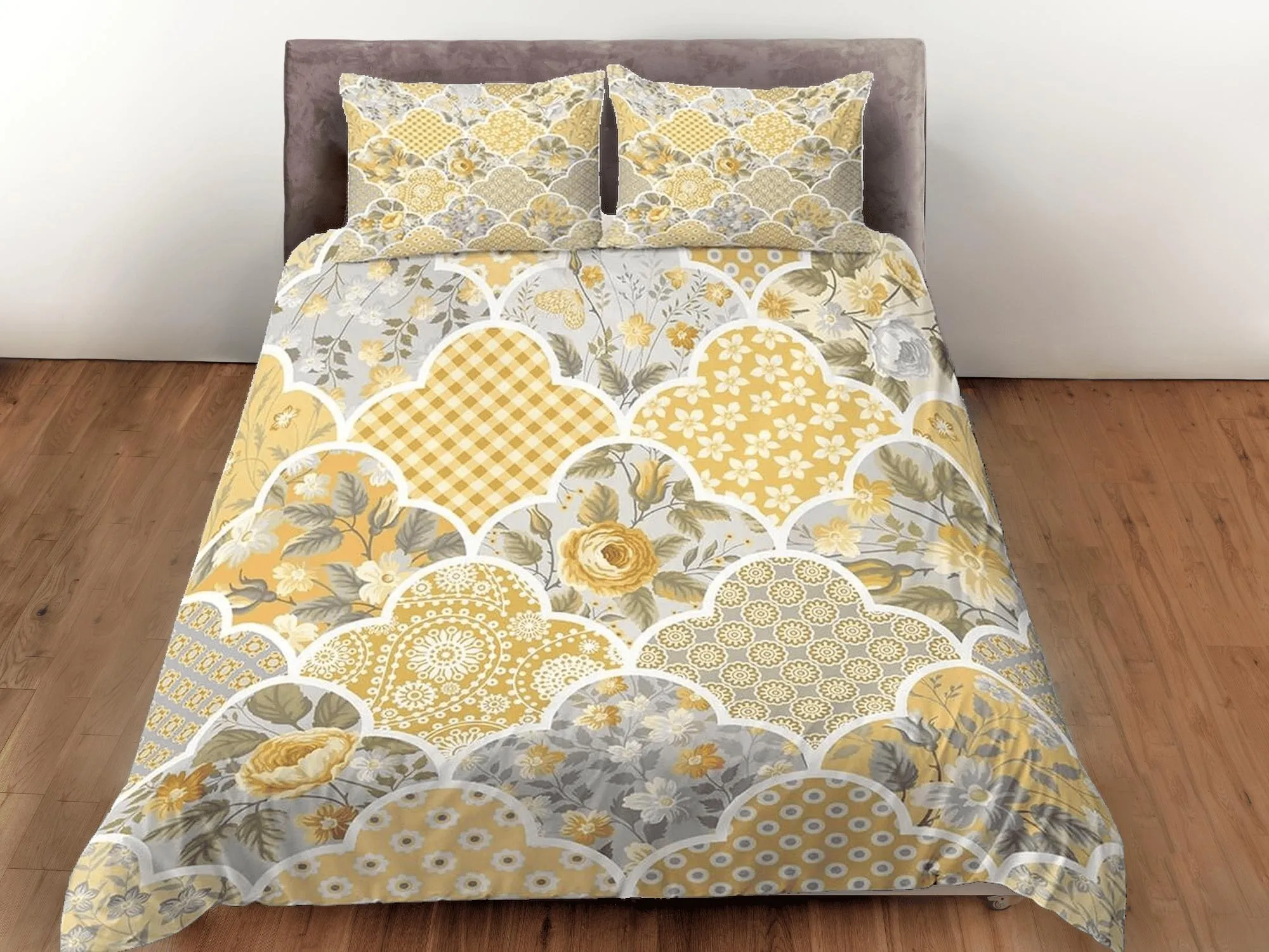 Yellow floral shabby chic patchwork quilt printed duvet cover set, aesthetic room decor bedding set full, king, queen size, boho bedspread