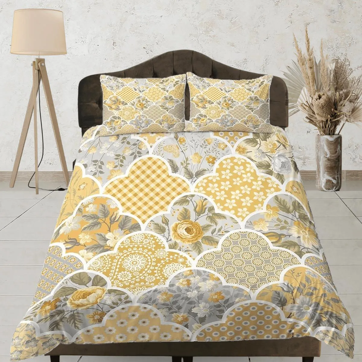 Yellow floral shabby chic patchwork quilt printed duvet cover set, aesthetic room decor bedding set full, king, queen size, boho bedspread